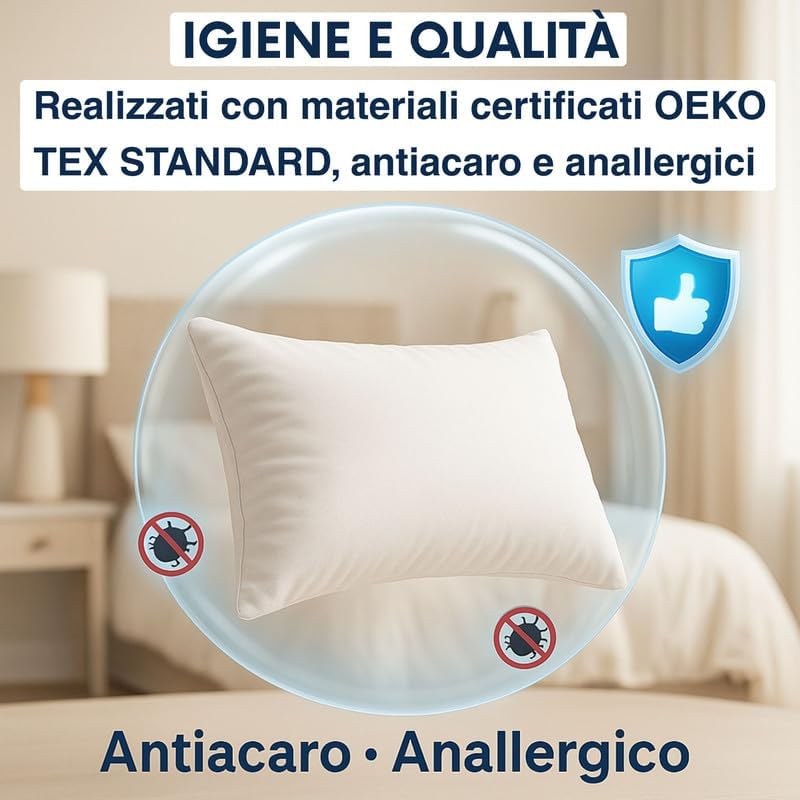 Cuscini Letto Matrimoniale, Guanciale Letto con Fodera PoliCotone, Cuscini Antiacaro Anallergico, Morbida Imbottitura in Fibra di Poliestere, Made in Italy
