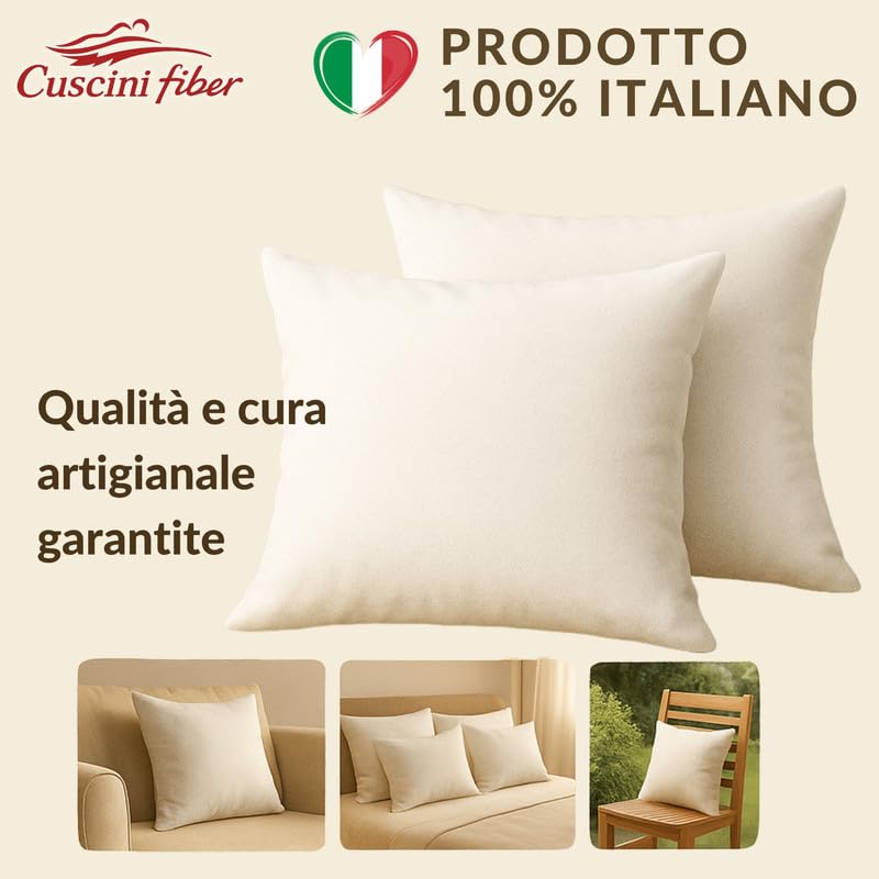 CUSCINI FIBER Set Cuscini per Divano con Fodera in Policotone Anallergici Morbidi e Soffici, Cuscino Quadrato dalle Finiture Eleganti Prodotto in Italia