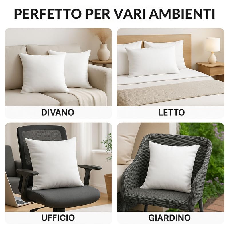 CUSCINI FIBER Set Cuscini per Divano con Fodera in Policotone Anallergici Morbidi e Soffici, Cuscino Quadrato dalle Finiture Eleganti Prodotto in Italia