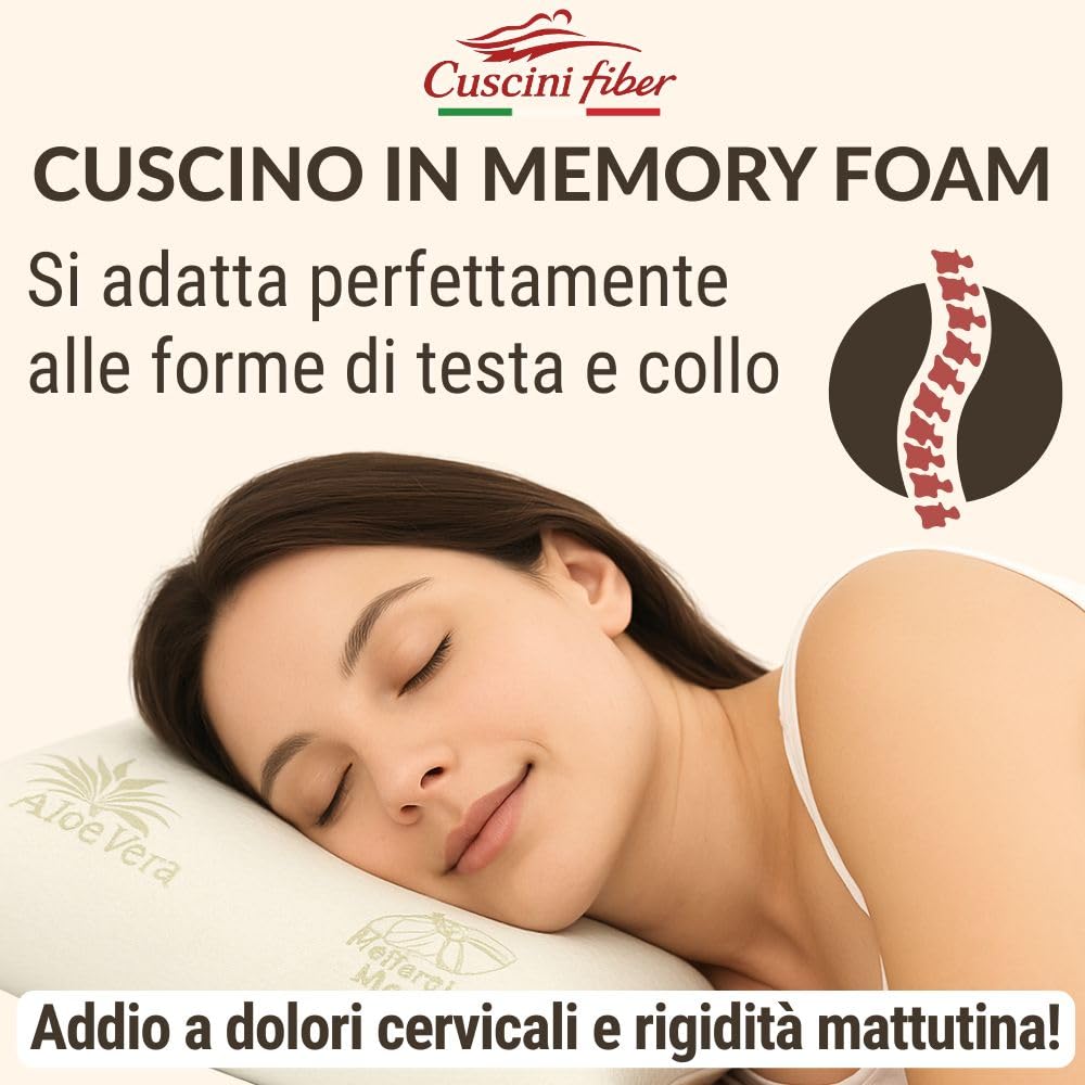 Cuscini Memory Foam Ortopedici con Fodera in Aloe Vera Sicura per la Pelle, Guanciale Letto Made in Italy, Cuscino Antiacaro Anallergico