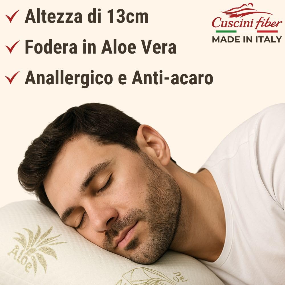 CUSCINI FIBER - Cuscini Memory Foam 13cm, Cuscini Letto Matrimoniale Ortopedici con Fodera in Aloe Vera Sicura per la Pelle, Guanciale Letto Made in Italy, Cuscino Antiacaro Anallergico