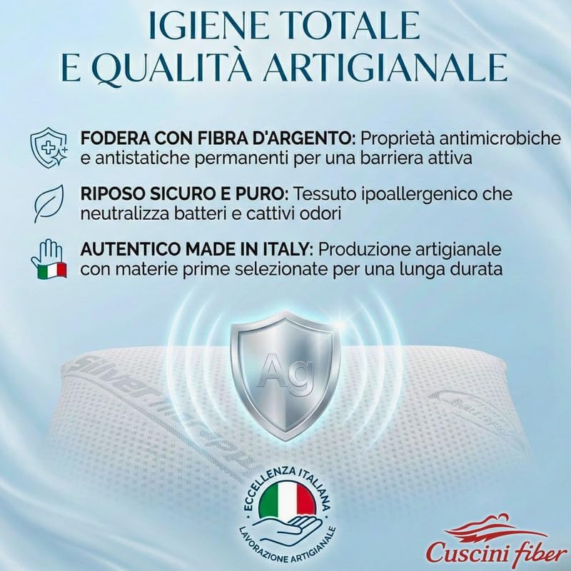 Cuscini Memory Foam Forato Traspirante e Fresco Alto 13cm, Cuscini Letto Matrimoniale con Fodera Silver Sicura per la Pelle, Guanciale Letto Antiacaro Anallergico Made in Italy