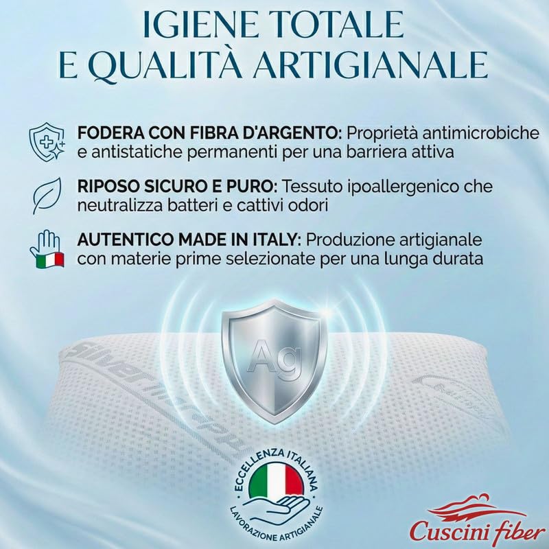 Cuscini Memory Foam Forato Traspirante e Fresco Alto 13cm, Cuscini Letto Matrimoniale con Fodera Silver Sicura per la Pelle, Guanciale Letto Antiacaro Anallergico Made in Italy
