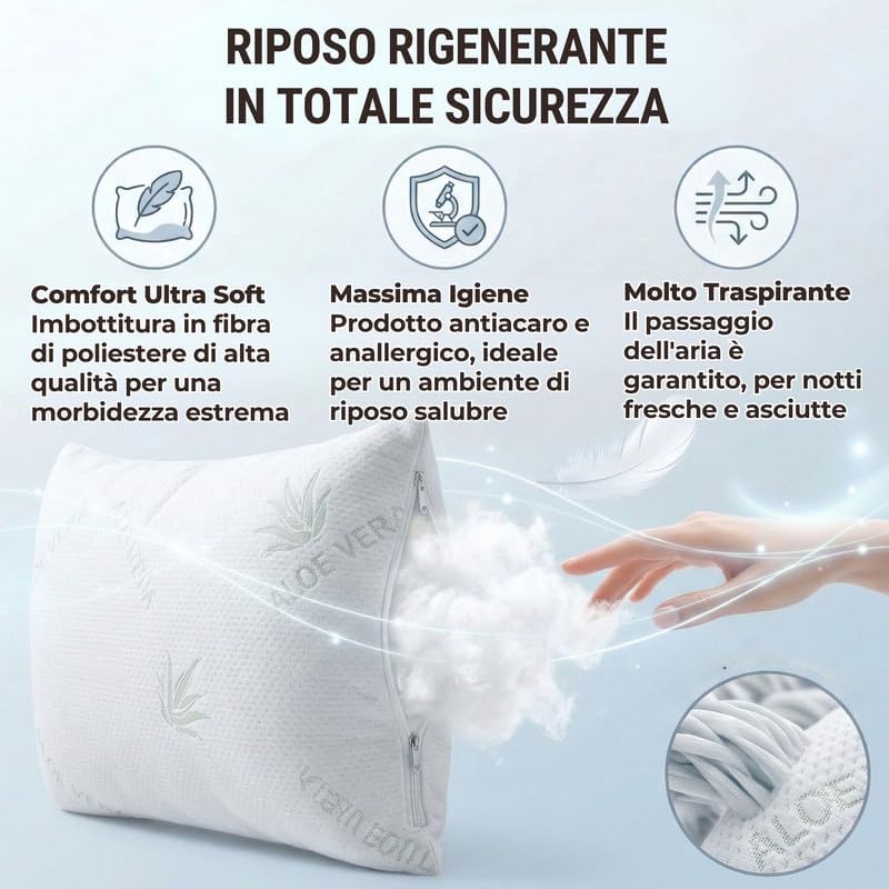 Cuscini Letto Matrimoniale Ultra Soft Imbottiti con Fibra di Poliestere Molto Morbida, il Guanciale Letto Possiede un’Altezza di 15cm REGOLABILE, Federa Anallergica con Zip 45x75cm