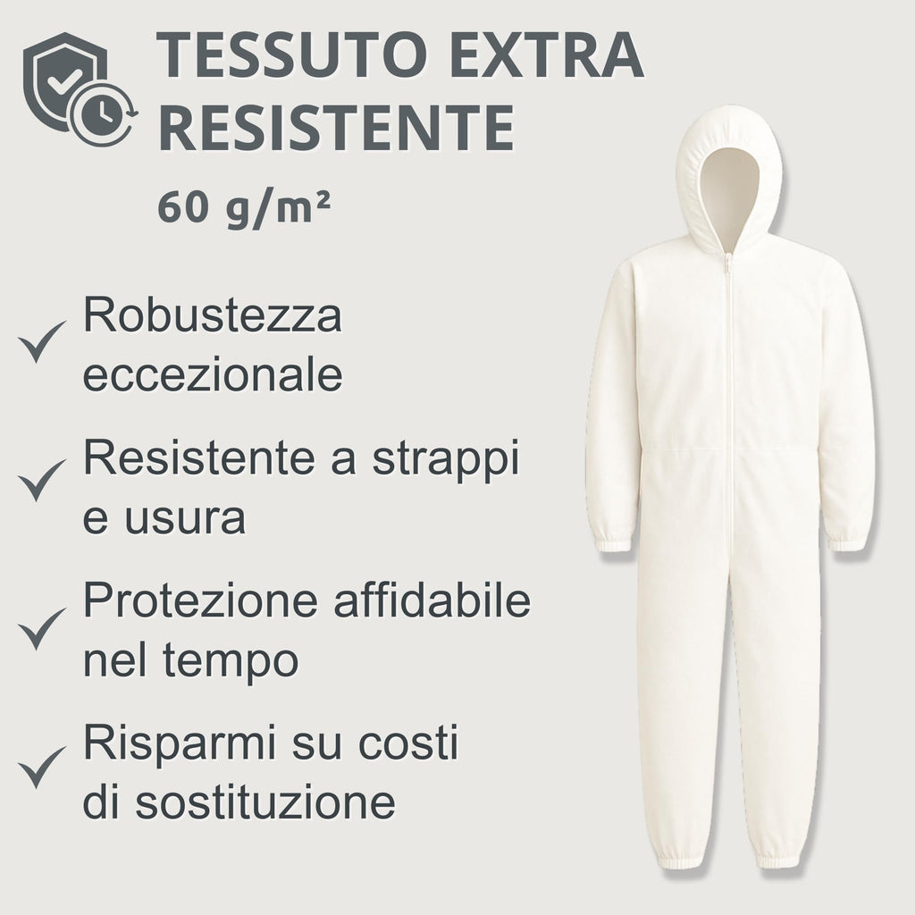 Tuta per Tagliare Erba Bianca Taglia Unica con Elastici Comoda, per Imbianchino, Tessuto 60 gr/mq Molto Resistente, Lavabile e Riutilizzabile Rispetto alle Usa e Getta, Made in Italy (Polipropilene)