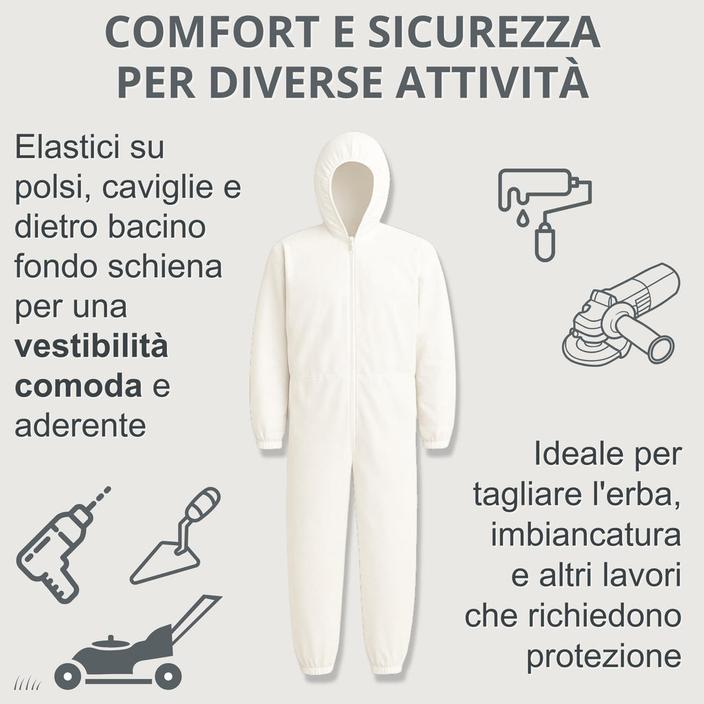 Tuta per Tagliare Erba Bianca Taglia Unica con Elastici Comoda, per Imbianchino, Tessuto 60 gr/mq Molto Resistente, Lavabile e Riutilizzabile Rispetto alle Usa e Getta, Made in Italy (Polipropilene)