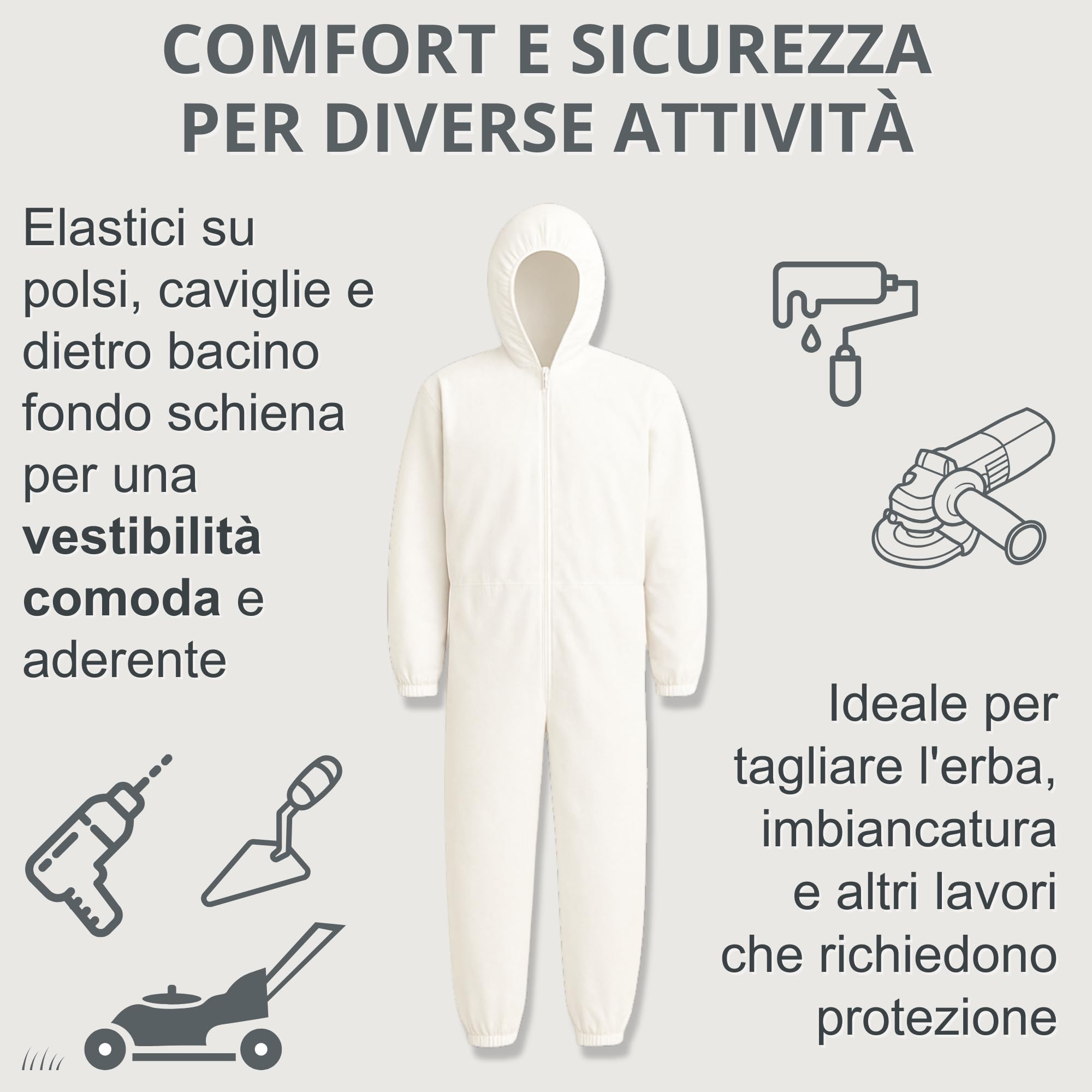 Tuta per Tagliare Erba Bianca Taglia Unica con Elastici Comoda, per Imbianchino, Tessuto 60 gr/mq Molto Resistente, Lavabile e Riutilizzabile Rispetto alle Usa e Getta, Made in Italy (Polipropilene)