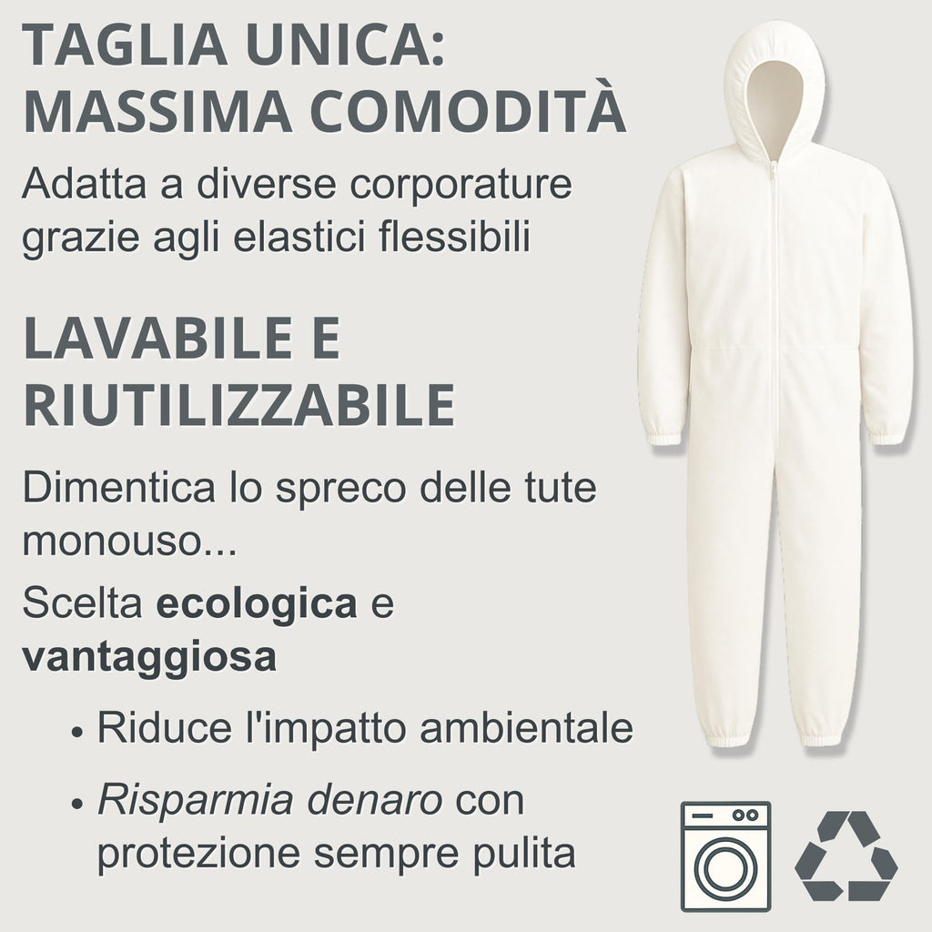 Tuta per Tagliare Erba Bianca Taglia Unica con Elastici Comoda, per Imbianchino, Tessuto 60 gr/mq Molto Resistente, Lavabile e Riutilizzabile Rispetto alle Usa e Getta, Made in Italy (Polipropilene)