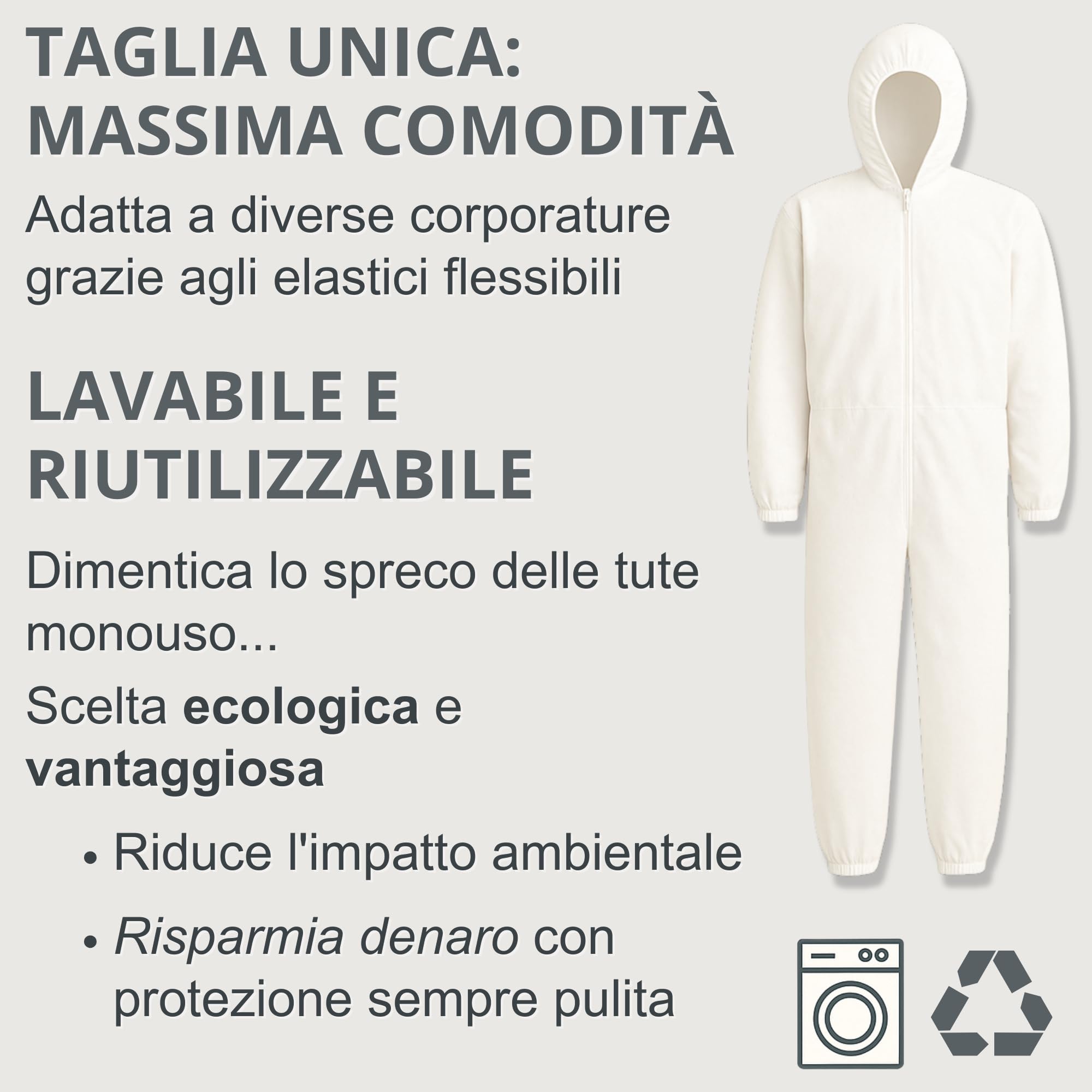 Tuta per Tagliare Erba Bianca Taglia Unica con Elastici Comoda, per Imbianchino, Tessuto 60 gr/mq Molto Resistente, Lavabile e Riutilizzabile Rispetto alle Usa e Getta, Made in Italy (Polipropilene)