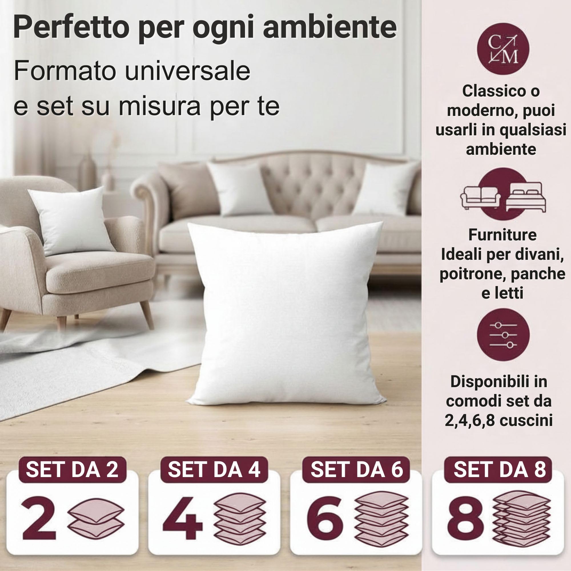 Set Imbottiture Cuscini bianchi 45x45 cm Made in Italy