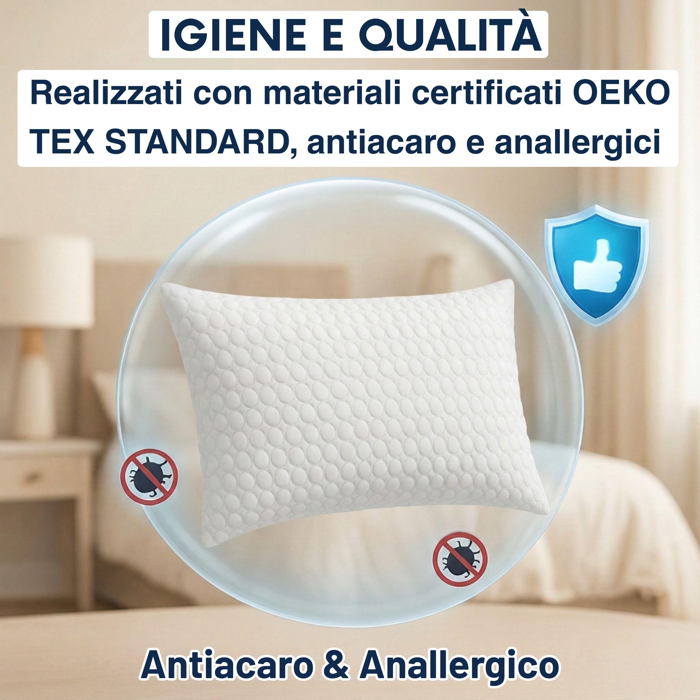Cuscini Letto Matrimoniale 45x75cm, Guanciale Letto con Fodera Massaggiante Soft, Cuscini Antiacaro Anallergico, Morbida Imbottitura in Fibra di Poliestere Made in Italy