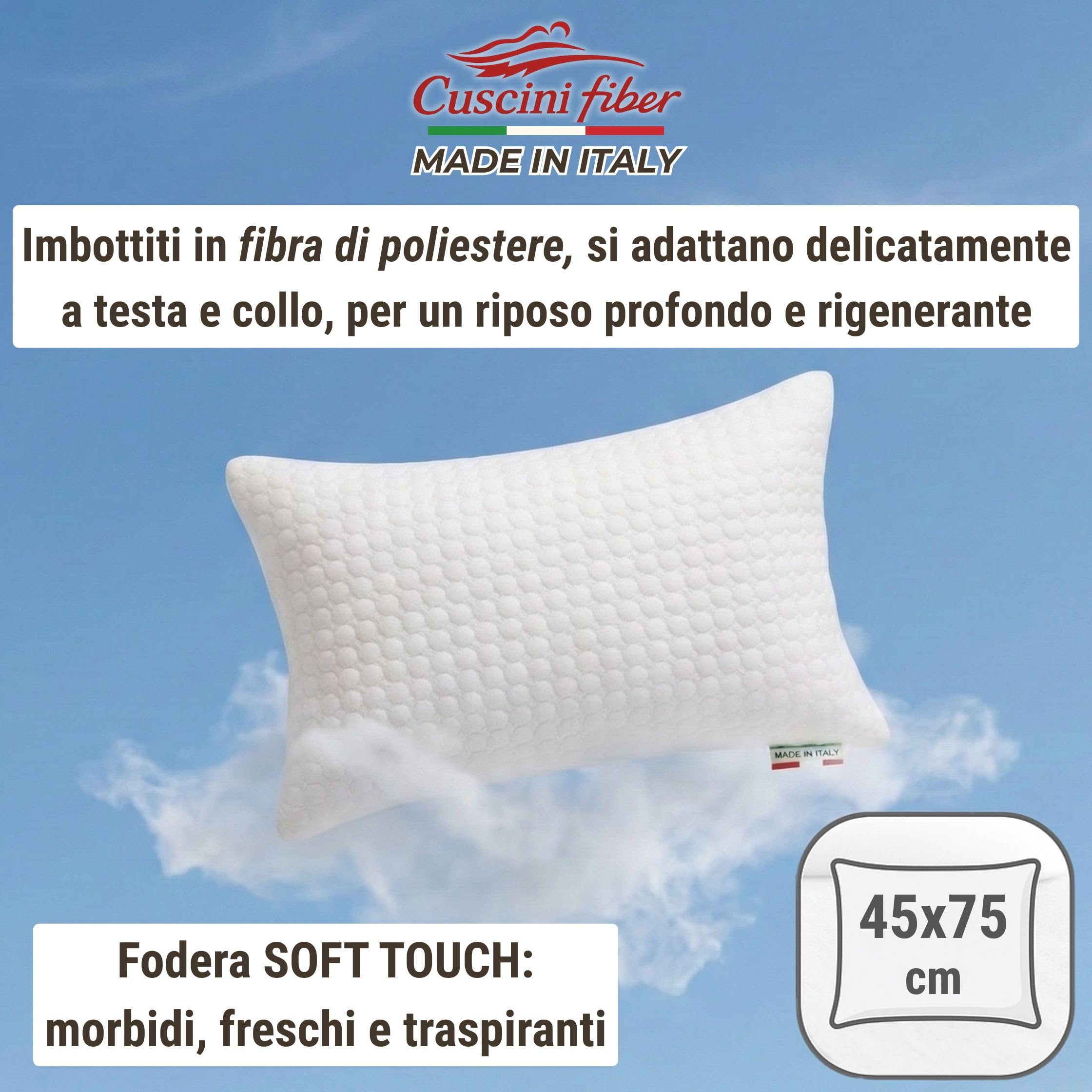 Cuscini Letto Matrimoniale 45x75cm, Guanciale Letto con Fodera Massaggiante Soft, Cuscini Antiacaro Anallergico, Morbida Imbottitura in Fibra di Poliestere Made in Italy